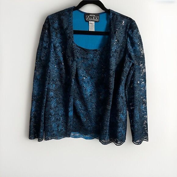 Alex Evenings Women’s Blue Lace Sequined Sparkly Overlay Lined Top Size SP EUC - Picture 1 of 10